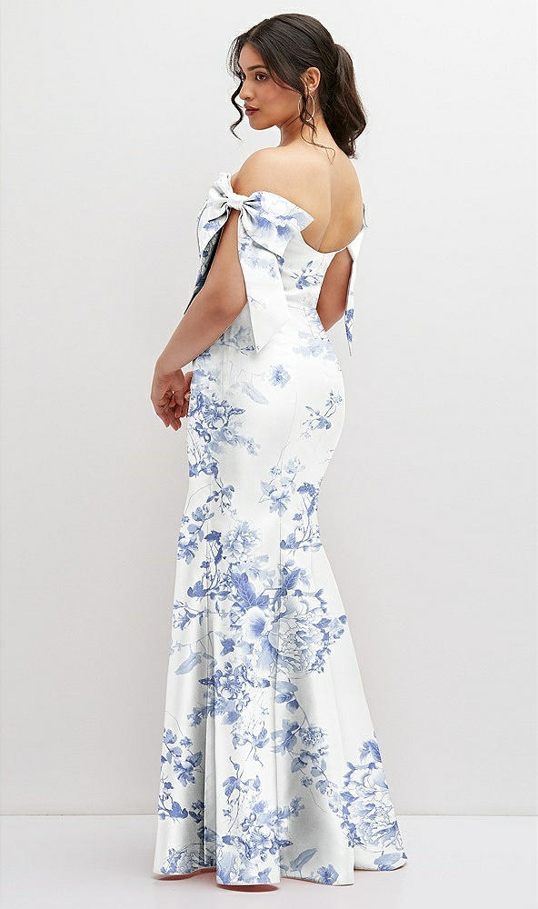 Back View - Cottage Rose Larkspur Off-the-Shoulder Bow Floral Satin Corset Dress with Fit and Flare Skirt