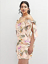 Alt View 1 Thumbnail - Butterfly Botanica Pink Sand Floral Satin Off-the-Shoulder Bow Corset Fit and Flare Mini Dress