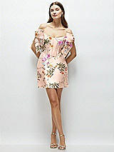 Front View Thumbnail - Butterfly Botanica Pink Sand Floral Satin Off-the-Shoulder Bow Corset Fit and Flare Mini Dress
