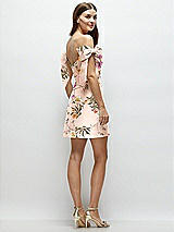 Rear View Thumbnail - Butterfly Botanica Pink Sand Floral Satin Off-the-Shoulder Bow Corset Fit and Flare Mini Dress