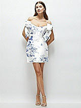 Front View Thumbnail - Cottage Rose Larkspur Floral Satin Off-the-Shoulder Bow Corset Fit and Flare Mini Dress