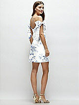 Rear View Thumbnail - Cottage Rose Larkspur Floral Satin Off-the-Shoulder Bow Corset Fit and Flare Mini Dress