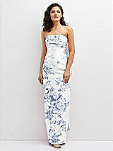 Front View Thumbnail - Cottage Rose Larkspur Floral Strapless Draped Bodice Column Dress with Oversized Bow