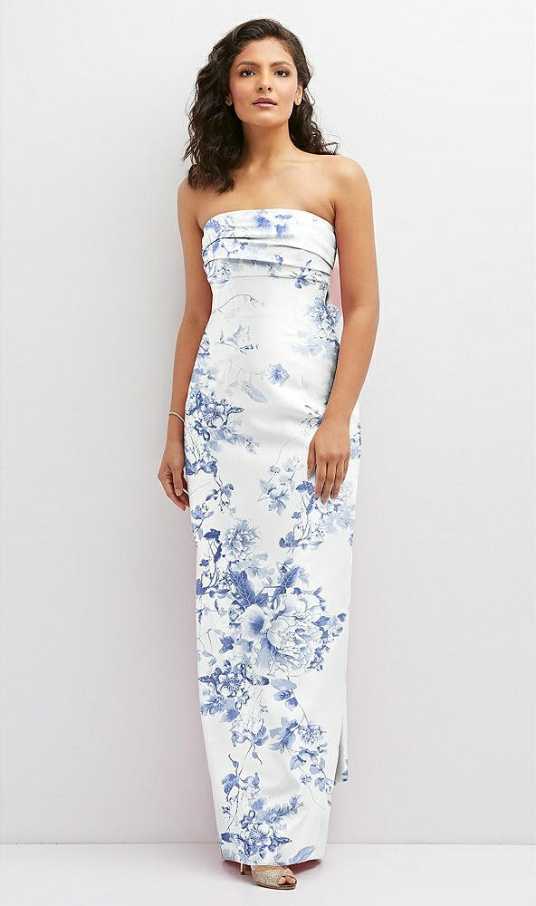 Front View - Cottage Rose Larkspur Floral Strapless Draped Bodice Column Dress with Oversized Bow
