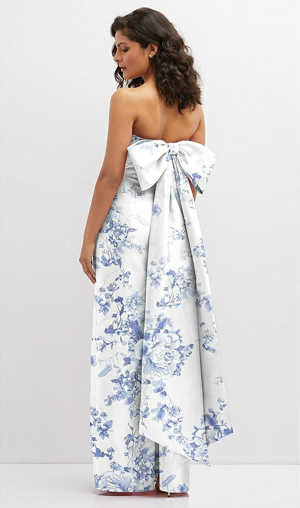 Back View - Cottage Rose Larkspur Floral Strapless Draped Bodice Column Dress with Oversized Bow