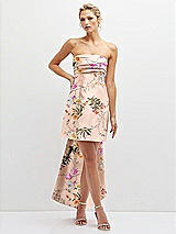 Front View Thumbnail - Butterfly Botanica Pink Sand Floral Strapless Satin Column Mini Dress with Oversized Bow