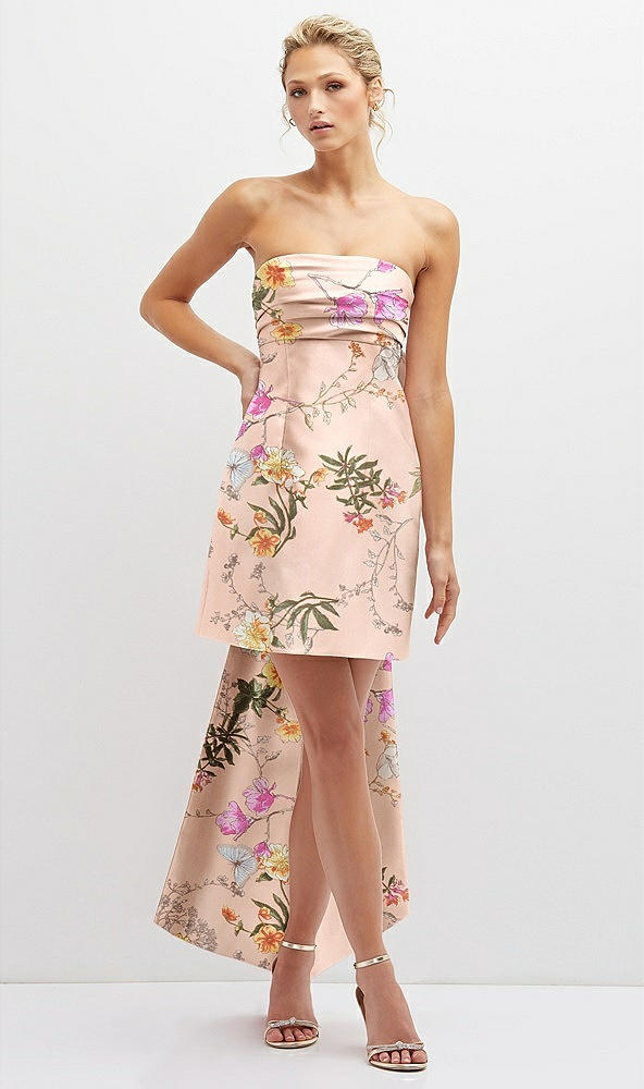 Front View - Butterfly Botanica Pink Sand Floral Strapless Satin Column Mini Dress with Oversized Bow