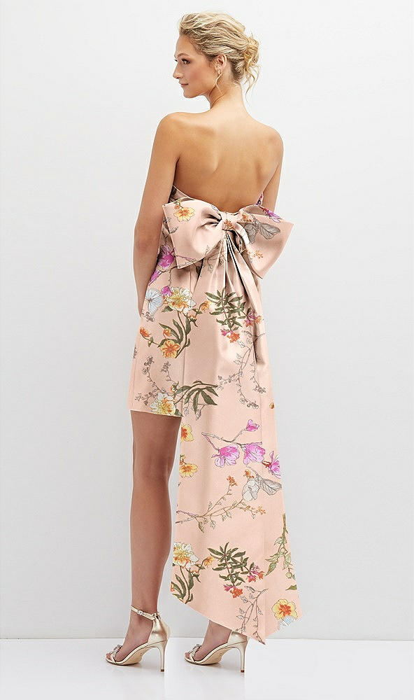 Back View - Butterfly Botanica Pink Sand Floral Strapless Satin Column Mini Dress with Oversized Bow