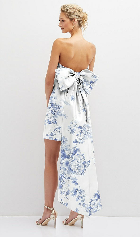 Back View - Cottage Rose Larkspur Floral Strapless Satin Column Mini Dress with Oversized Bow