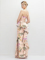 Rear View Thumbnail - Butterfly Botanica Pink Sand Floral Strapless Satin Maxi Dress with Cascade Ruffle Peplum Detail