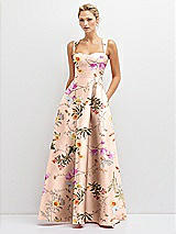 Front View Thumbnail - Butterfly Botanica Pink Sand Floral Lace-Up Back Bustier Satin Dress with Full Skirt and Pockets