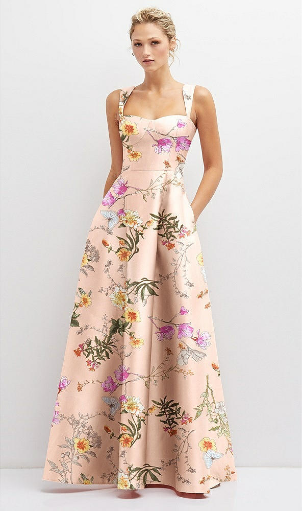 Front View - Butterfly Botanica Pink Sand Floral Lace-Up Back Bustier Satin Dress with Full Skirt and Pockets