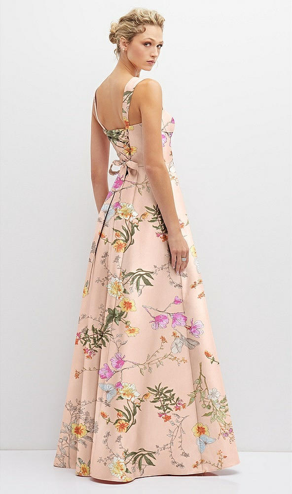 Back View - Butterfly Botanica Pink Sand Floral Lace-Up Back Bustier Satin Dress with Full Skirt and Pockets