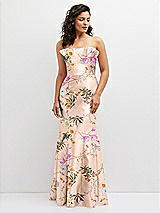 Front View Thumbnail - Butterfly Botanica Pink Sand Floral Strapless Satin Fit and Flare Dress with Crumb-Catcher Bodice