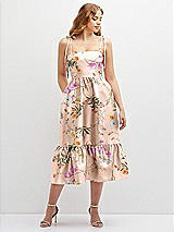 Front View Thumbnail - Butterfly Botanica Pink Sand Floral Shirred Ruffle Hem Midi Dress with Self-Tie Spaghetti Straps and Pockets
