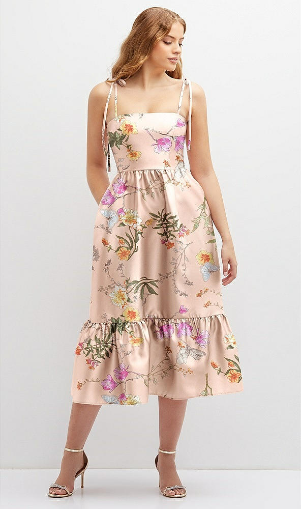 Front View - Butterfly Botanica Pink Sand Floral Shirred Ruffle Hem Midi Dress with Self-Tie Spaghetti Straps and Pockets