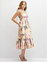 Side View Thumbnail - Butterfly Botanica Pink Sand Floral Shirred Ruffle Hem Midi Dress with Self-Tie Spaghetti Straps and Pockets