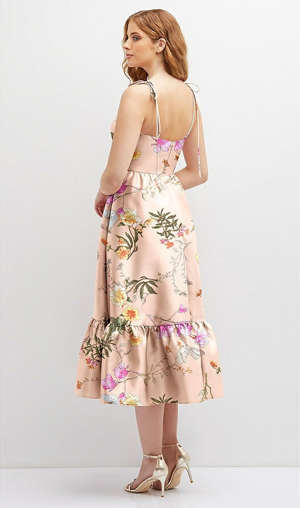 Back View - Butterfly Botanica Pink Sand Floral Shirred Ruffle Hem Midi Dress with Self-Tie Spaghetti Straps and Pockets
