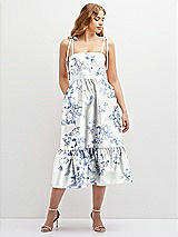 Front View Thumbnail - Cottage Rose Larkspur Floral Shirred Ruffle Hem Midi Dress with Self-Tie Spaghetti Straps and Pockets