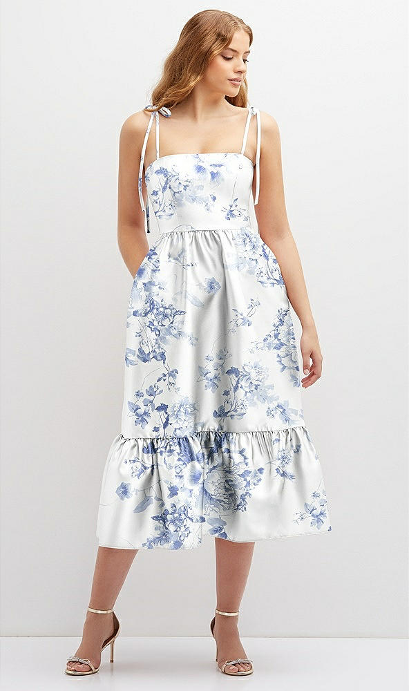 Front View - Cottage Rose Larkspur Floral Shirred Ruffle Hem Midi Dress with Self-Tie Spaghetti Straps and Pockets