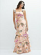 Front View Thumbnail - Butterfly Botanica Pink Sand Floral Bow-Shoulder Satin Maxi Dress with Asymmetrical Tiered Skirt