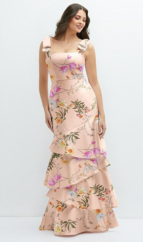 Front View - Butterfly Botanica Pink Sand Floral Bow-Shoulder Satin Maxi Dress with Asymmetrical Tiered Skirt
