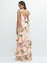 Rear View Thumbnail - Butterfly Botanica Pink Sand Floral Bow-Shoulder Satin Maxi Dress with Asymmetrical Tiered Skirt