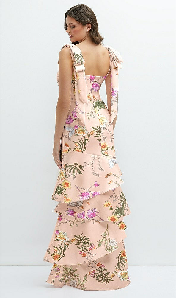 Back View - Butterfly Botanica Pink Sand Floral Bow-Shoulder Satin Maxi Dress with Asymmetrical Tiered Skirt