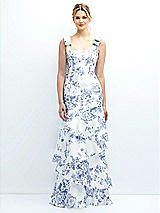 Front View Thumbnail - Cottage Rose Larkspur Floral Bow-Shoulder Satin Maxi Dress with Asymmetrical Tiered Skirt