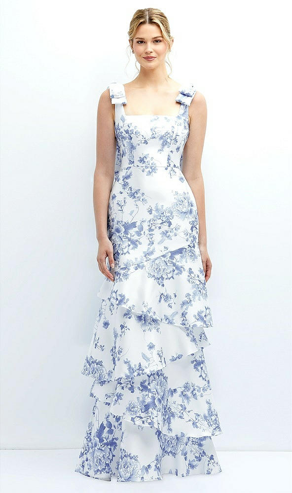 Front View - Cottage Rose Larkspur Floral Bow-Shoulder Satin Maxi Dress with Asymmetrical Tiered Skirt