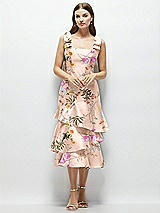 Alt View 1 Thumbnail - Butterfly Botanica Pink Sand Floral Bow-Shoulder Satin Midi Dress with Asymmetrical Tiered Skirt