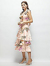 Alt View 2 Thumbnail - Butterfly Botanica Pink Sand Floral Bow-Shoulder Satin Midi Dress with Asymmetrical Tiered Skirt