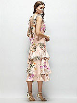 Alt View 3 Thumbnail - Butterfly Botanica Pink Sand Floral Bow-Shoulder Satin Midi Dress with Asymmetrical Tiered Skirt