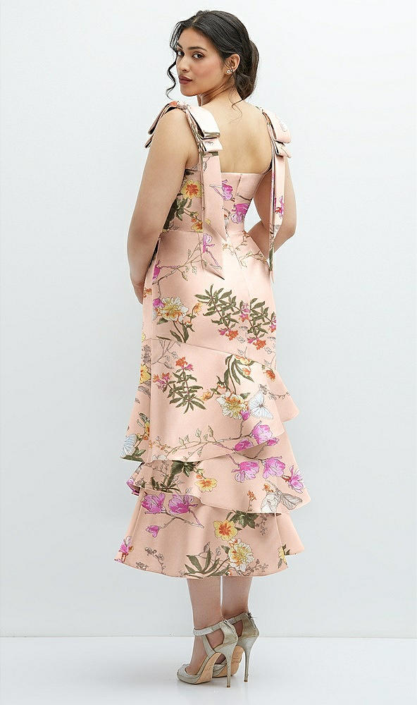 Back View - Butterfly Botanica Pink Sand Floral Bow-Shoulder Satin Midi Dress with Asymmetrical Tiered Skirt