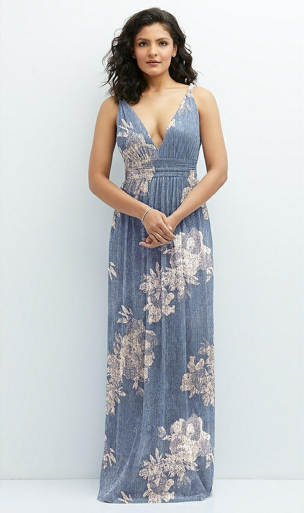 Front View - French Blue Gold Foil Plunge V-Neck Metallic Pleated Maxi Dress with Floral Gold Foil Print