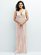 Front View Thumbnail - Pink Gold Foil Plunge V-Neck Metallic Pleated Maxi Dress with Floral Gold Foil Print