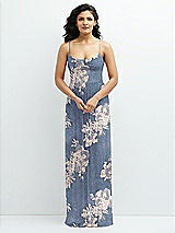 Front View Thumbnail - French Blue Gold Foil Soft Cowl Neck Metallic Pleated Maxi Dress with Floral Gold Foil Print