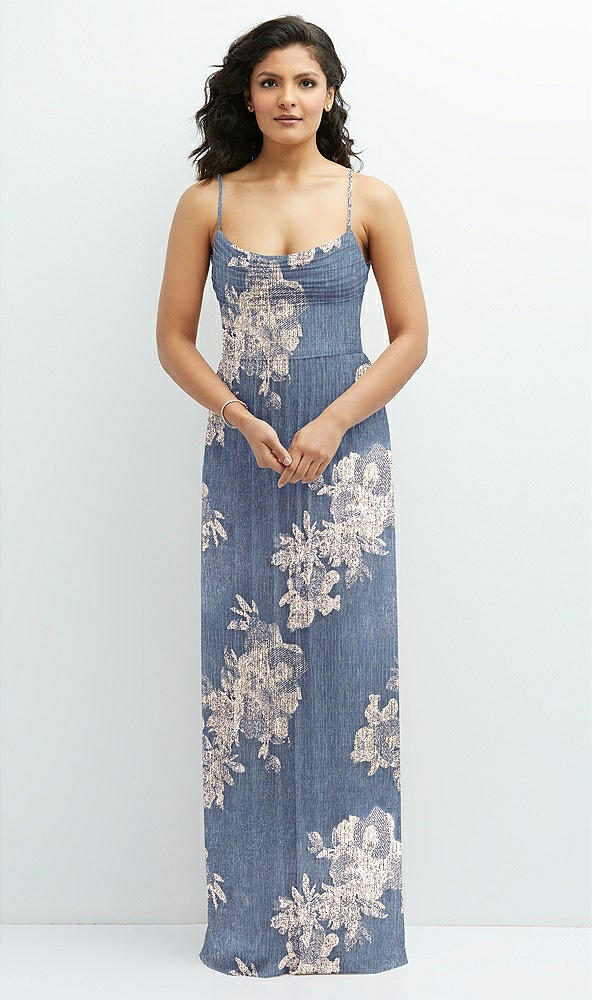 Front View - French Blue Gold Foil Soft Cowl Neck Metallic Pleated Maxi Dress with Floral Gold Foil Print