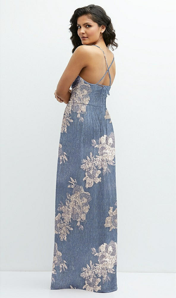 Back View - French Blue Gold Foil Soft Cowl Neck Metallic Pleated Maxi Dress with Floral Gold Foil Print