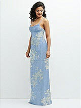 Side View Thumbnail - Larkspur Gold Foil Soft Cowl Neck Metallic Pleated Maxi Dress with Floral Gold Foil Print