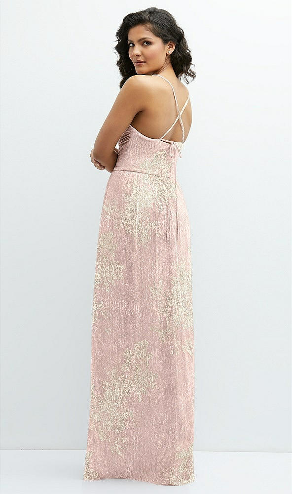 Back View - Pink Gold Foil Soft Cowl Neck Metallic Pleated Maxi Dress with Floral Gold Foil Print