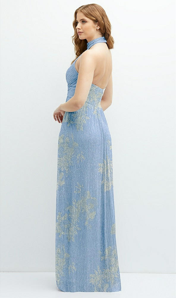 Back View - Larkspur Gold Foil Band Collar Halter Open-Back Metallic Pleated Maxi Dress with Floral Gold Foil Print