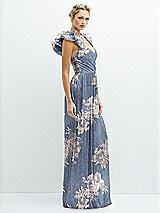 Alt View 2 Thumbnail - French Blue Gold Foil Dramatic Ruffle Edge Convertible Strap Metallic Pleated Maxi Dress with Floral Gold Foil Print