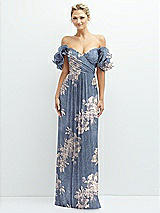 Front View Thumbnail - French Blue Gold Foil Dramatic Ruffle Edge Convertible Strap Metallic Pleated Maxi Dress with Floral Gold Foil Print