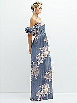 Side View Thumbnail - French Blue Gold Foil Dramatic Ruffle Edge Convertible Strap Metallic Pleated Maxi Dress with Floral Gold Foil Print