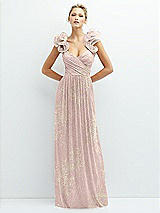 Alt View 1 Thumbnail - Pink Gold Foil Dramatic Ruffle Edge Convertible Strap Metallic Pleated Maxi Dress with Floral Gold Foil Print
