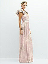 Alt View 2 Thumbnail - Pink Gold Foil Dramatic Ruffle Edge Convertible Strap Metallic Pleated Maxi Dress with Floral Gold Foil Print