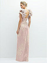 Alt View 3 Thumbnail - Pink Gold Foil Dramatic Ruffle Edge Convertible Strap Metallic Pleated Maxi Dress with Floral Gold Foil Print
