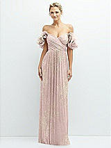 Front View Thumbnail - Pink Gold Foil Dramatic Ruffle Edge Convertible Strap Metallic Pleated Maxi Dress with Floral Gold Foil Print