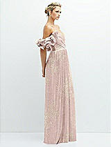 Side View Thumbnail - Pink Gold Foil Dramatic Ruffle Edge Convertible Strap Metallic Pleated Maxi Dress with Floral Gold Foil Print